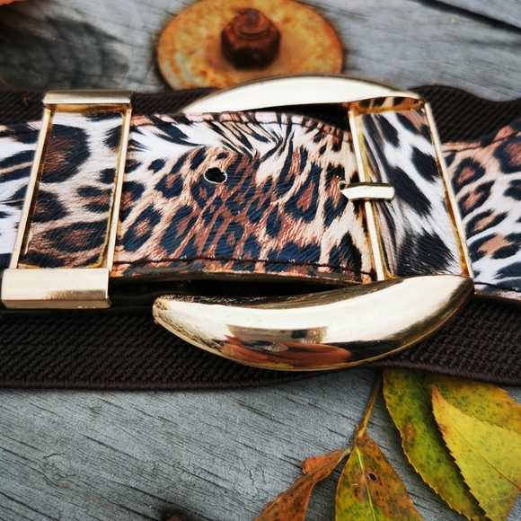 Ardene Spain Faux Leather Leopard Print Brown Stretch Gold Buckle Belt - Picture 2 of 16